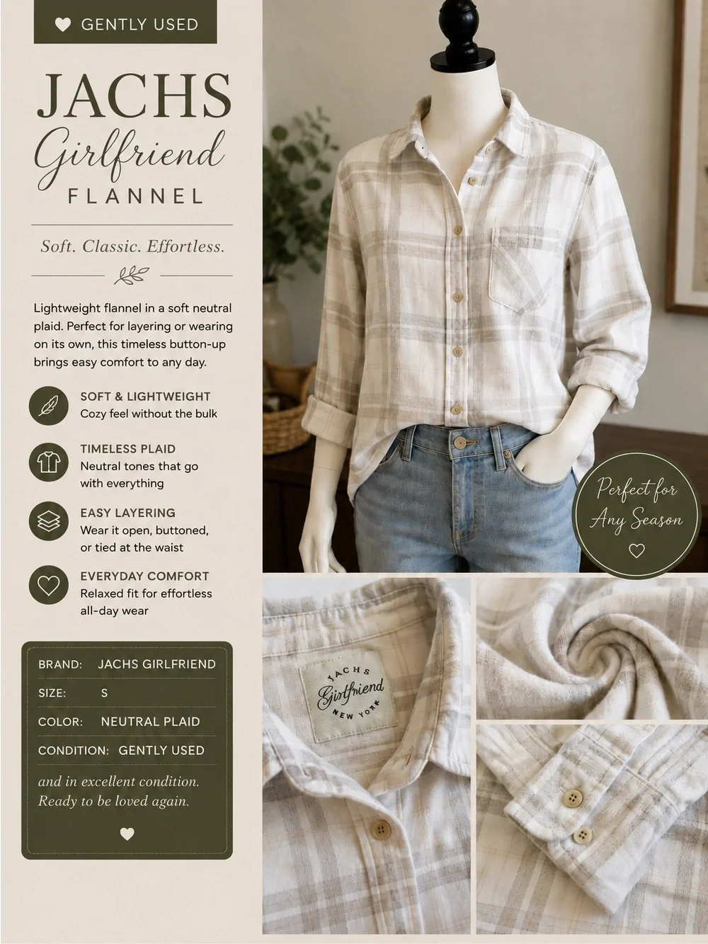 JACHS Girlfriend Neutral Plaid Button-Up Shirt in Beige and Cream - Picture 1 of 1